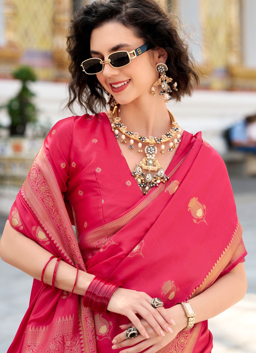 Weaving Zari Satin Silk Hot Pink Saree S14436