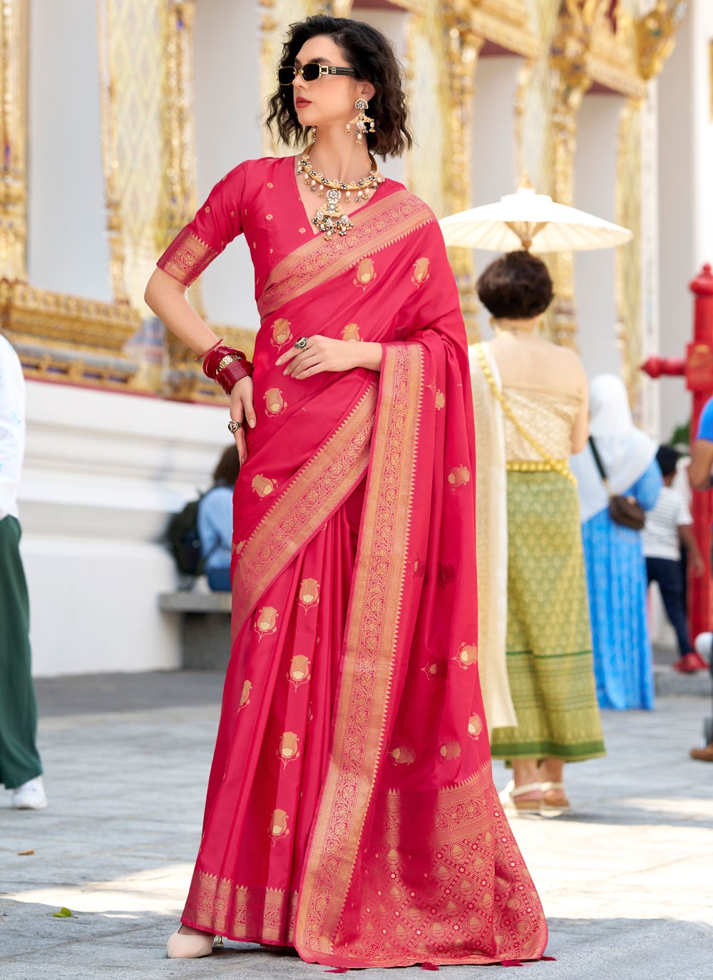 Weaving Zari Satin Silk Hot Pink Saree S14436