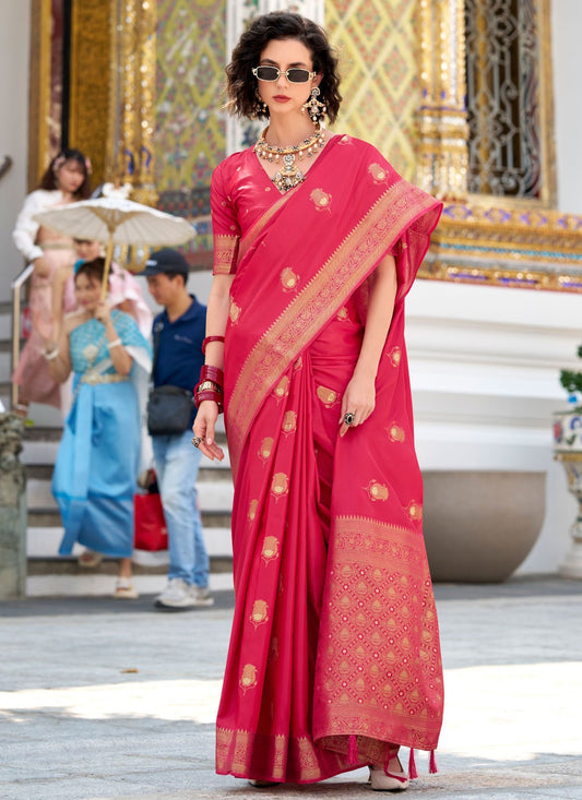 Weaving Zari Satin Silk Hot Pink Saree S14436