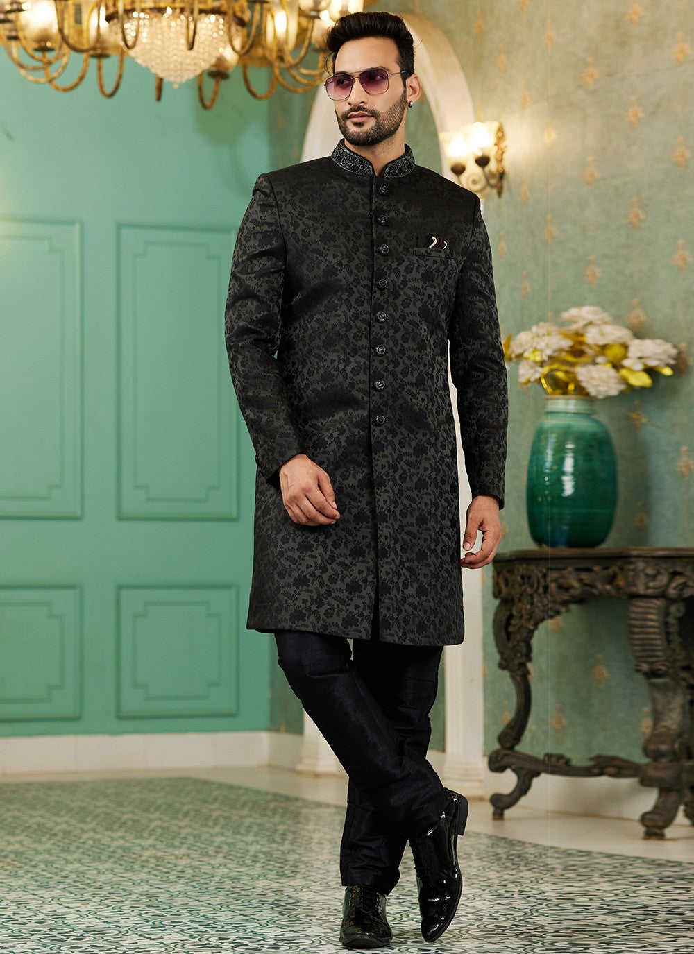 Hand Embroidery Imported, Jacquard Silk Black Indo Western - M6444