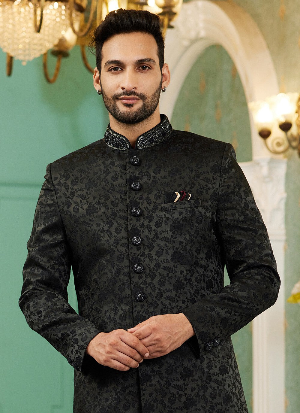 Hand Embroidery Imported, Jacquard Silk Black Indo Western - M6444
