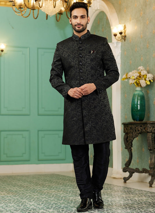 Hand Embroidery Imported, Jacquard Silk Black Indo Western - M6444