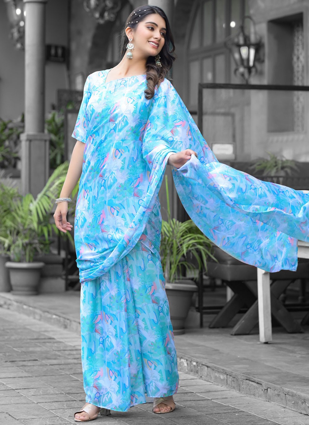 Digital Print Georgette Blue Saree S14538