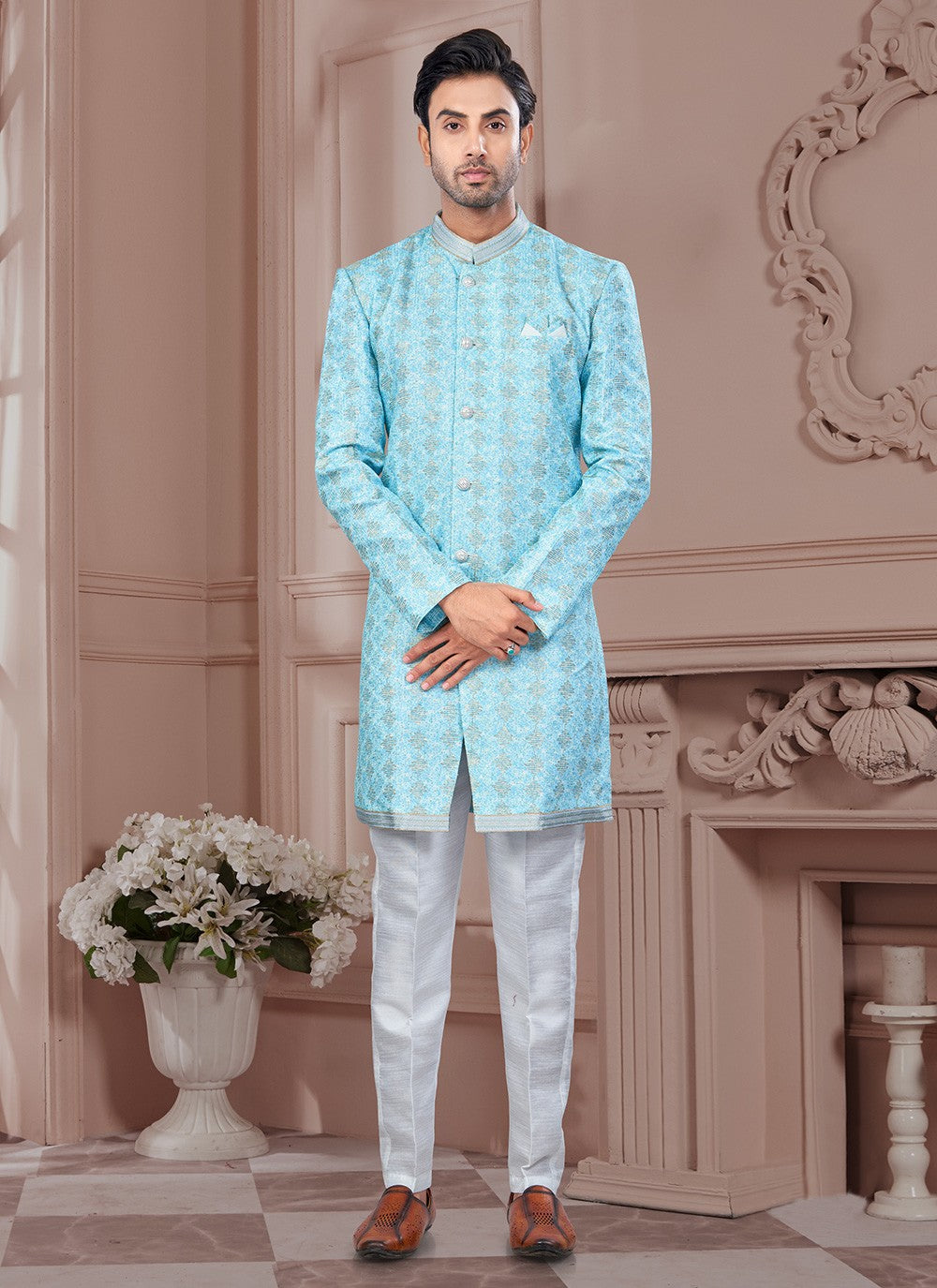 Digital Print Imported, Silk Aqua Blue Indo Western Sherwani - M8606
