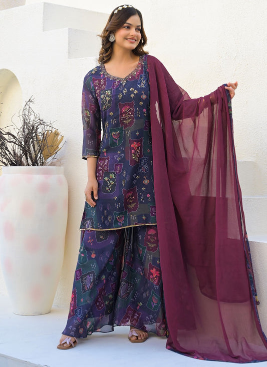 Sharara Suit Digital Print, Sequins, Thread Purple T7134
