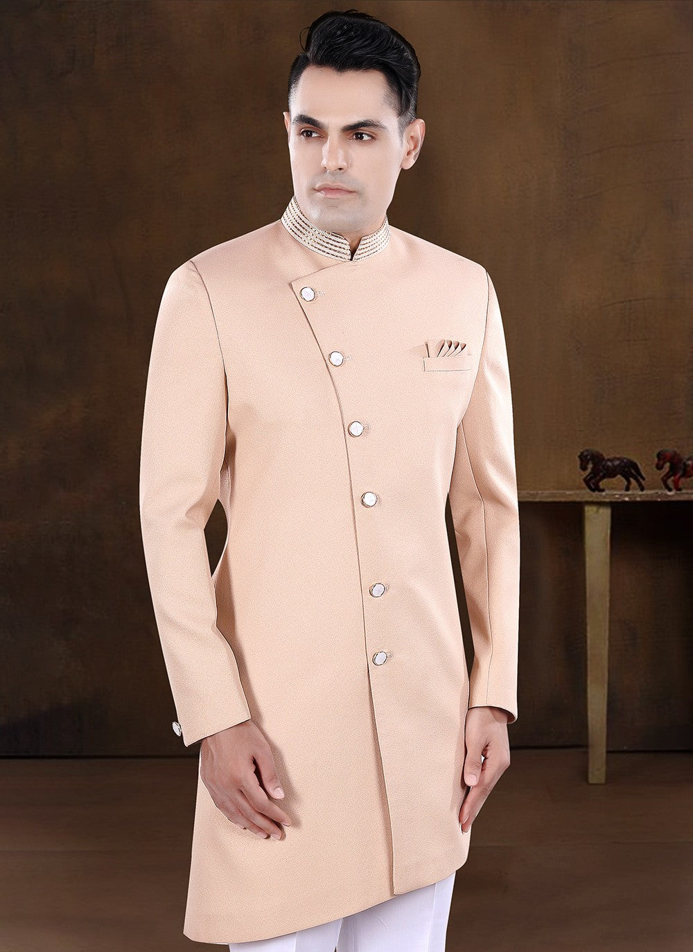 Embroidered Imported Peach Indo Western - M8198