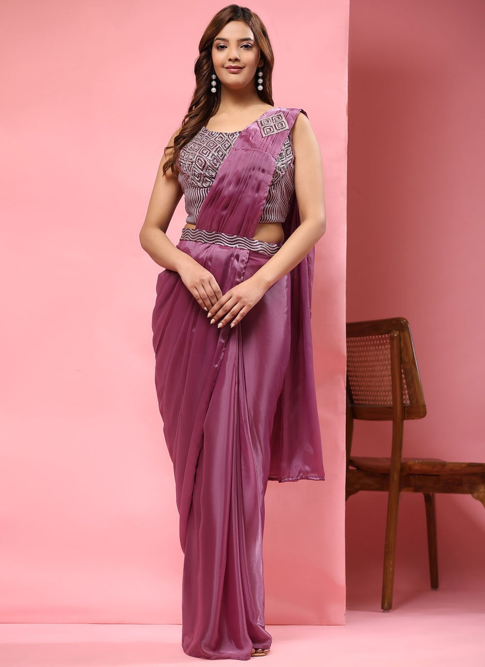 Trendy Embroidered Imported, Satin Saree - S5398