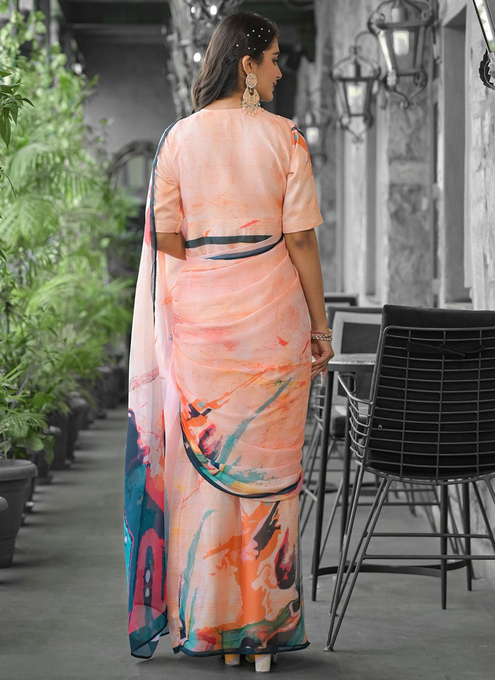 Digital Print Georgette Peach Saree S14543