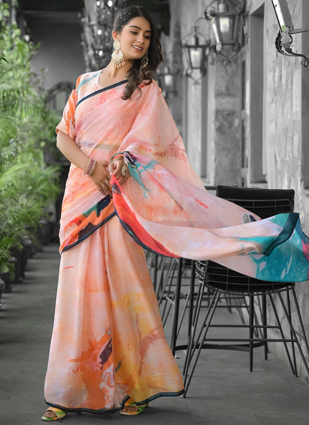 Digital Print Georgette Peach Saree S14543
