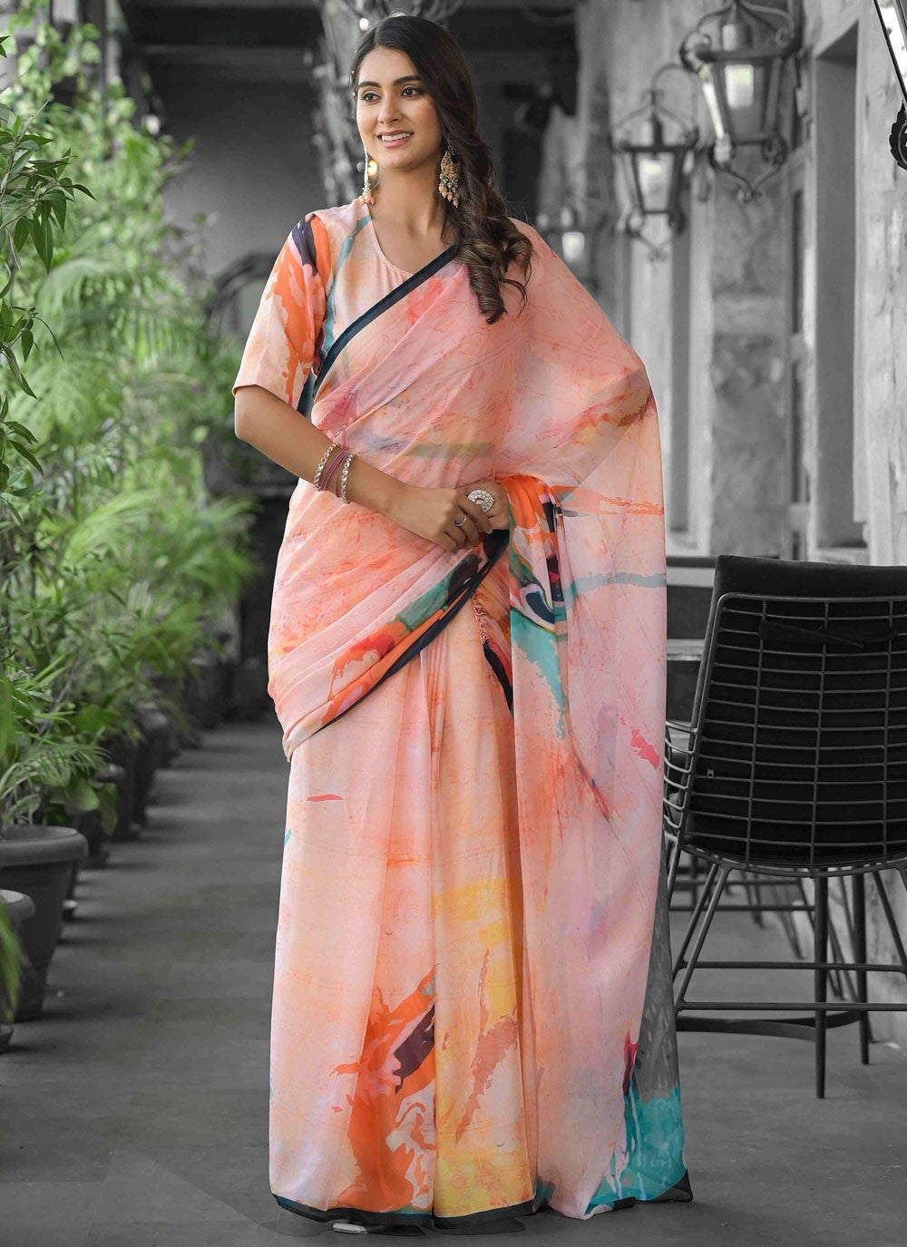 Digital Print Georgette Peach Saree S14543