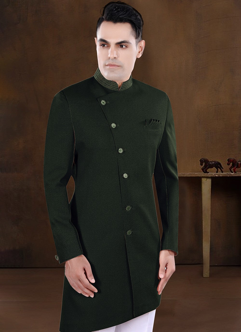 Embroidered Imported Green Indo Western - M8203