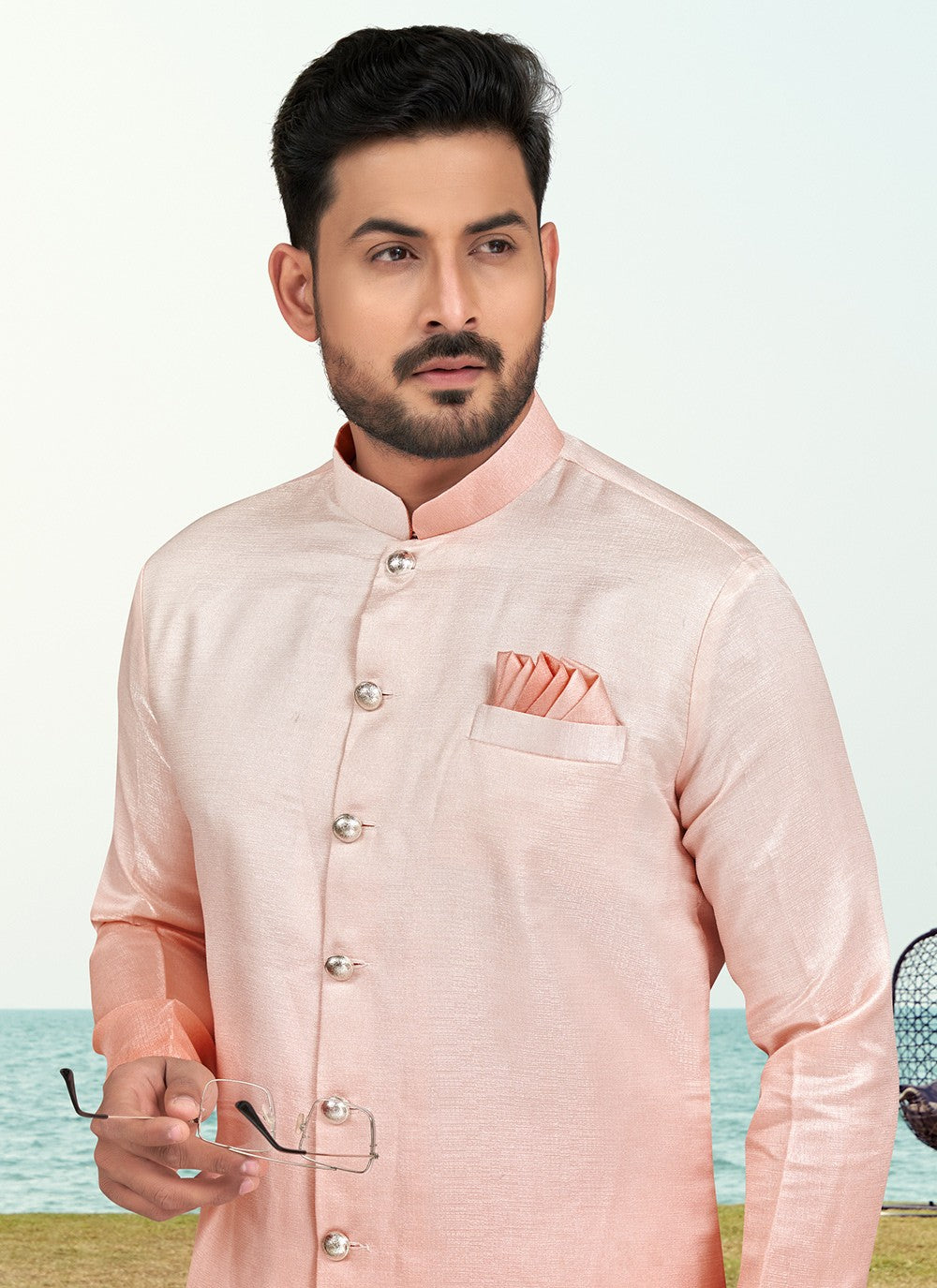 Buttons Silk Peach Indo Western - M6588