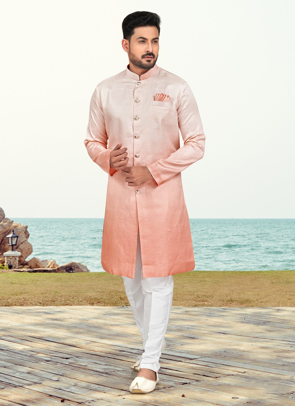 Buttons Silk Peach Indo Western - M6588