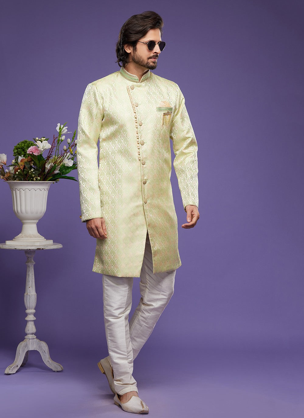 Embroidered Banarasi Jacquard Green Indo Western - M5826
