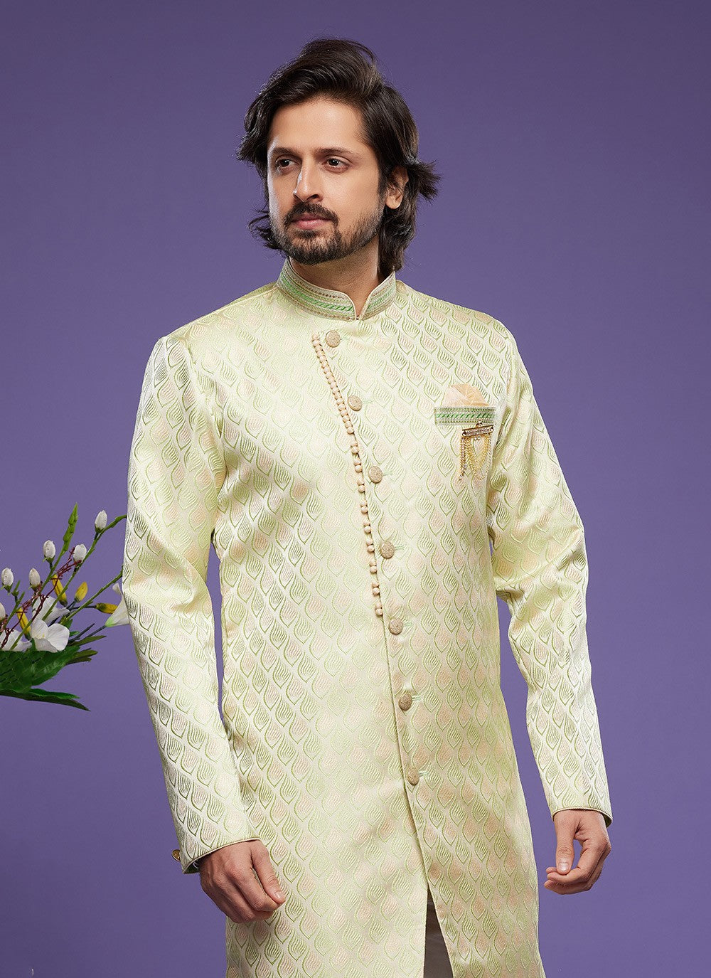 Embroidered Banarasi Jacquard Green Indo Western - M5826