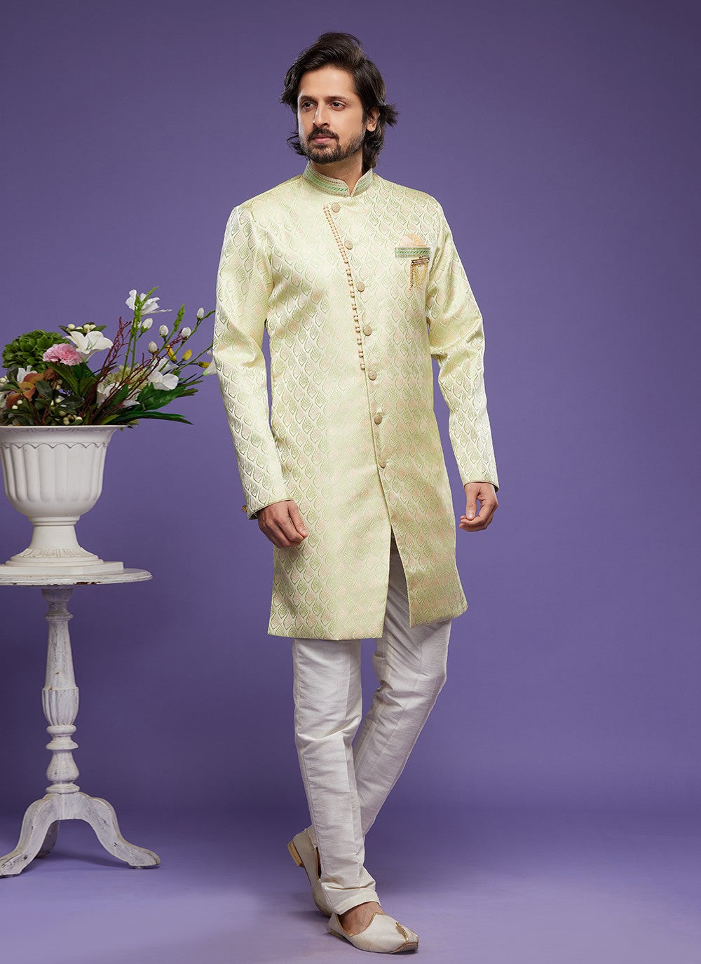 Embroidered Banarasi Jacquard Green Indo Western - M5826