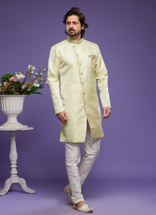 Embroidered Banarasi Jacquard Green Indo Western - M5826