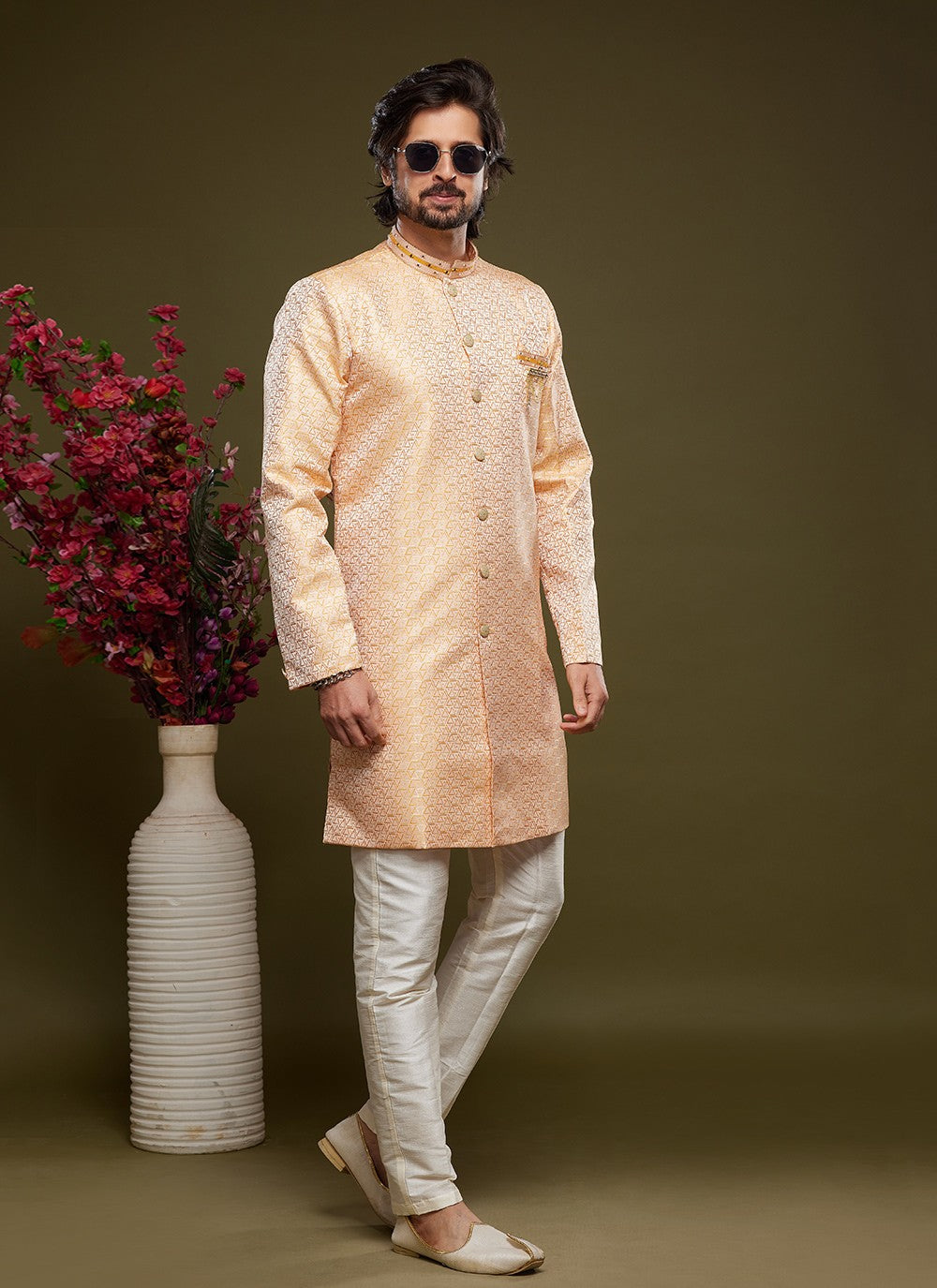 Embroidered Banarasi Jacquard Orange Indo Western - M5822