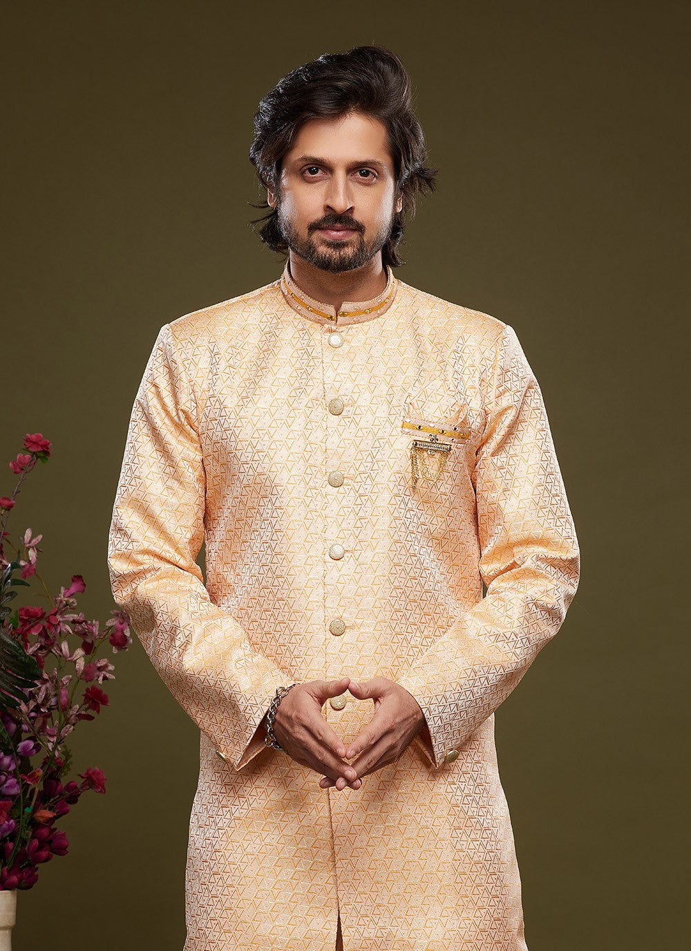 Embroidered Banarasi Jacquard Orange Indo Western - M5822