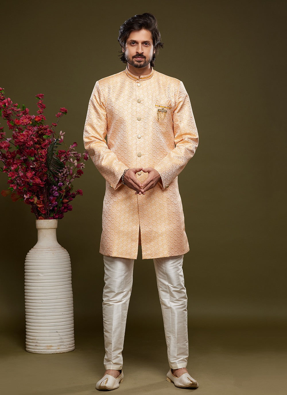 Embroidered Banarasi Jacquard Orange Indo Western - M5822