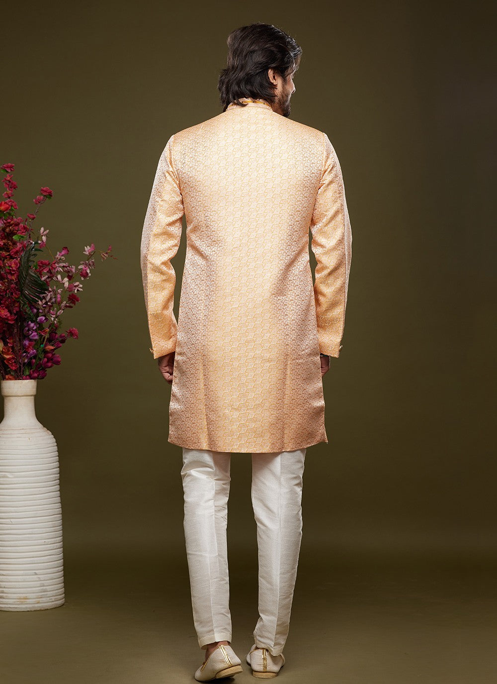 Embroidered Banarasi Jacquard Orange Indo Western - M5822