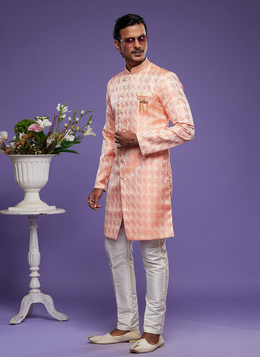 Embroidered Banarasi Jacquard Pink Indo Western - M5825