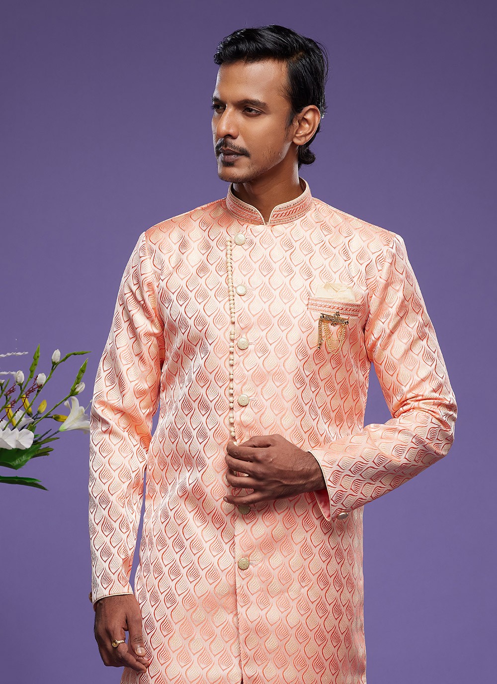 Embroidered Banarasi Jacquard Pink Indo Western - M5825