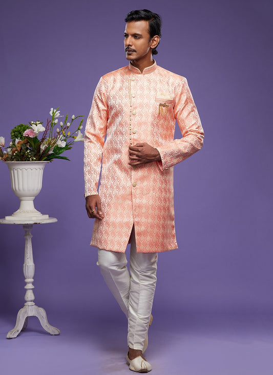 Embroidered Banarasi Jacquard Pink Indo Western - M5825