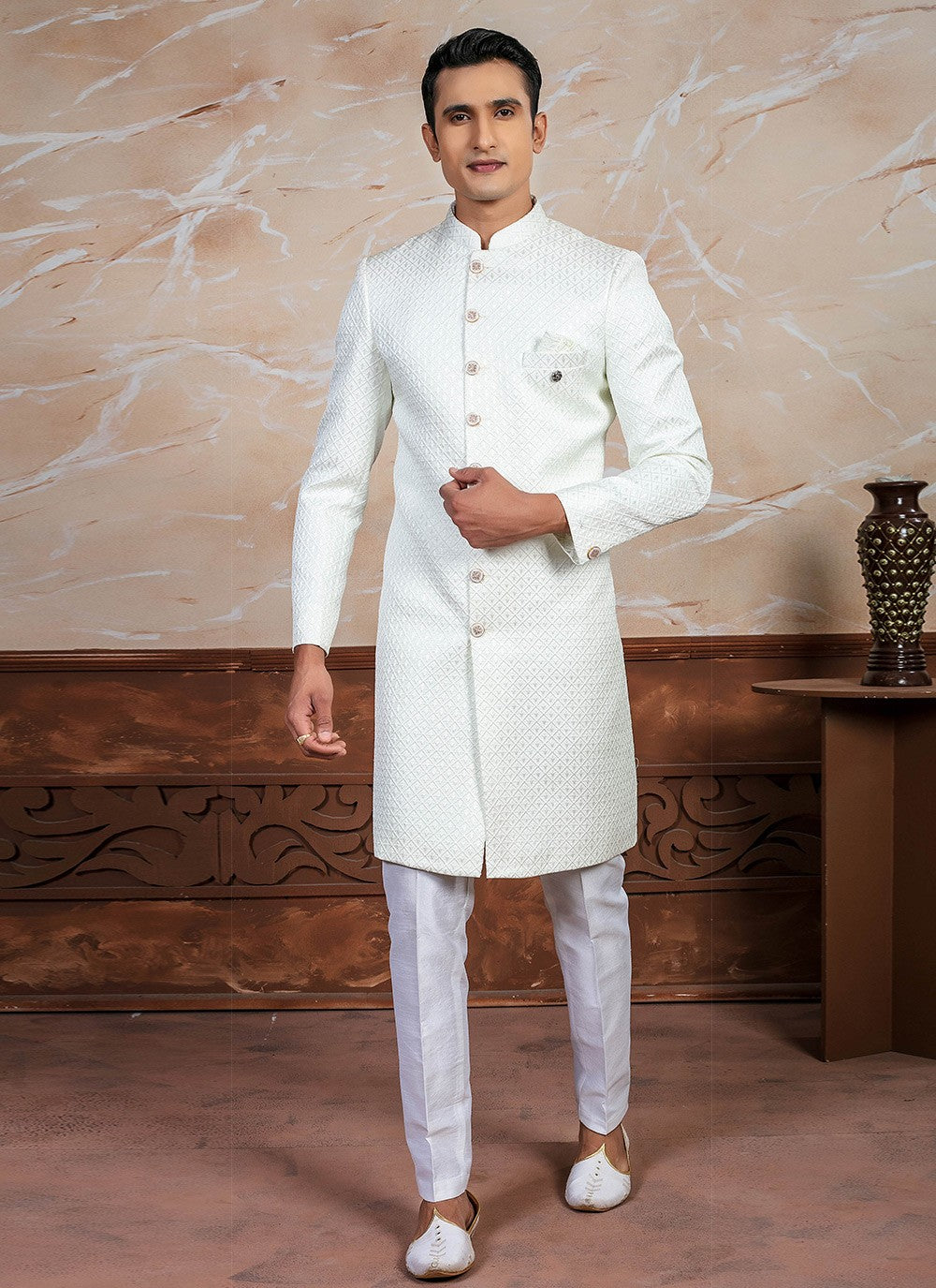 Embroidered Jacquard Cream Indo Western - M8340
