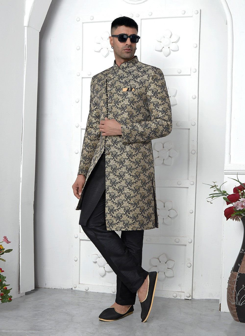 Fancy Work Jacquard Silk Black Indo Western - M6616