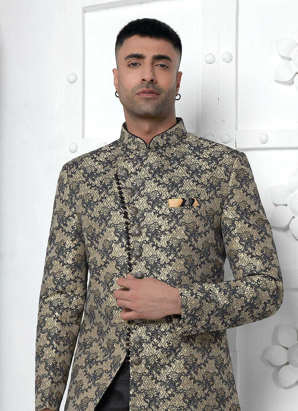 Fancy Work Jacquard Silk Black Indo Western - M6616
