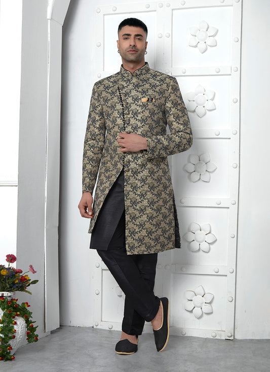 Fancy Work Jacquard Silk Black Indo Western - M6616