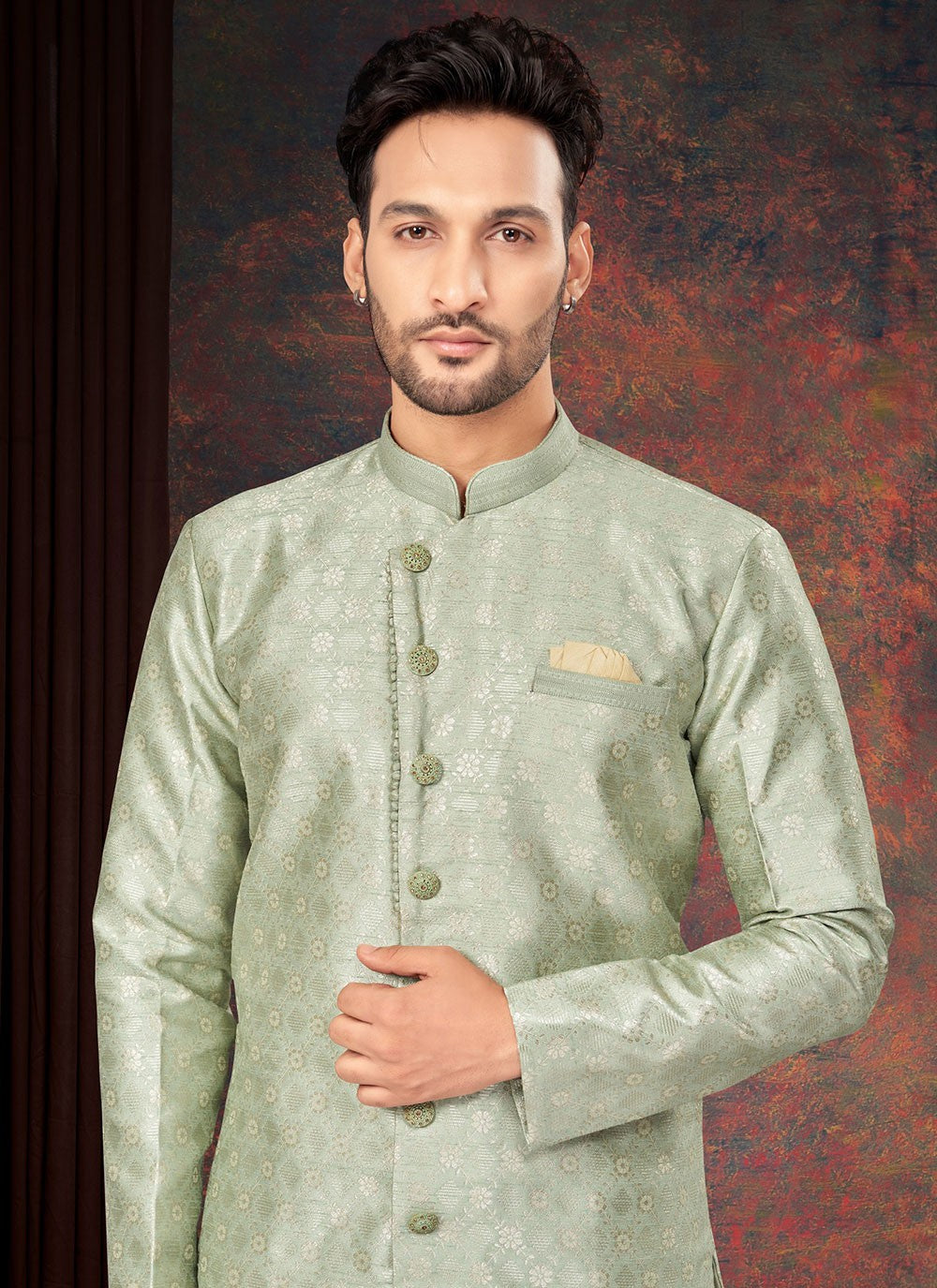 Fancy Work Jacquard Green Indo Western - M7199
