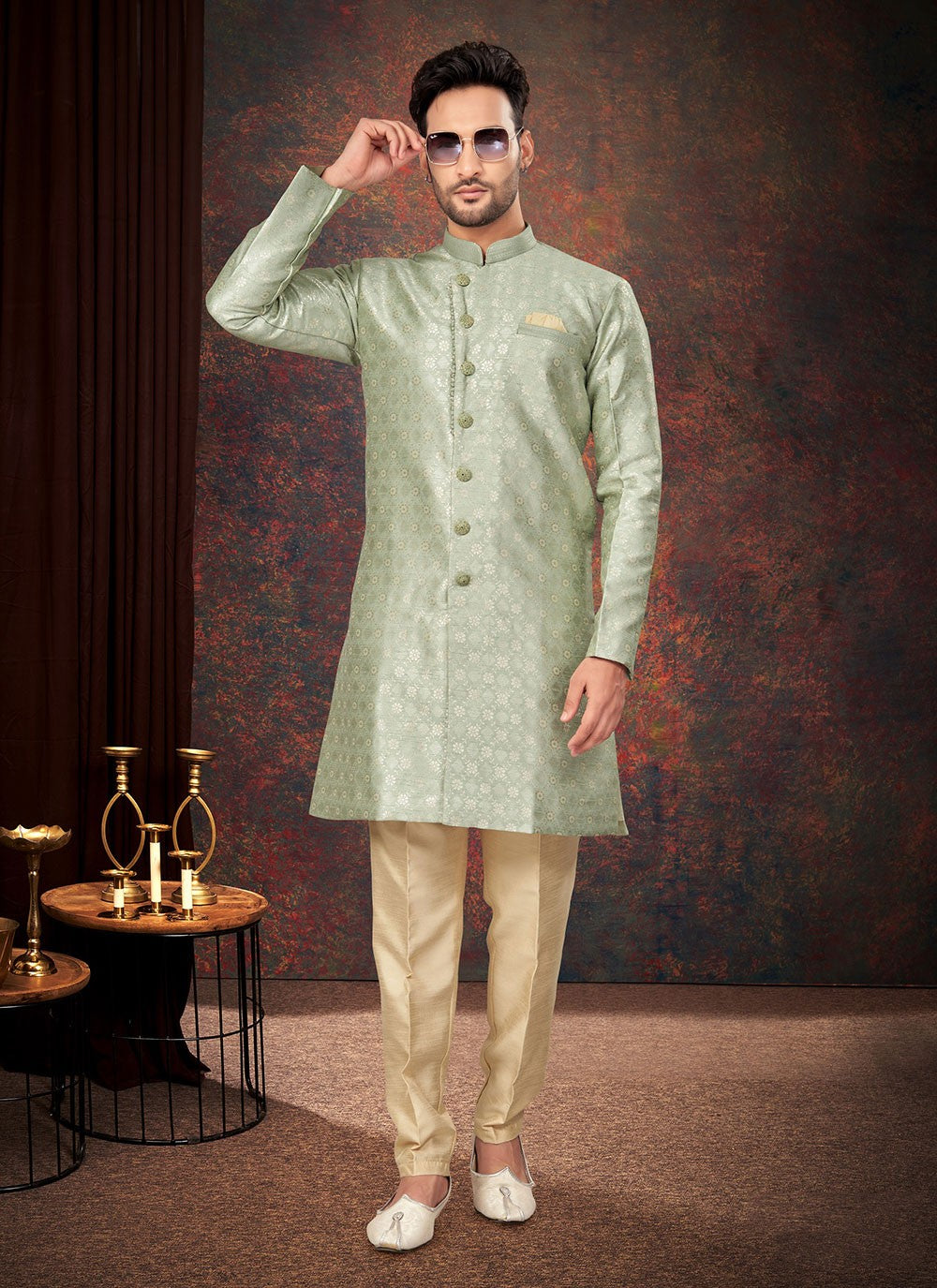Fancy Work Jacquard Green Indo Western - M7199