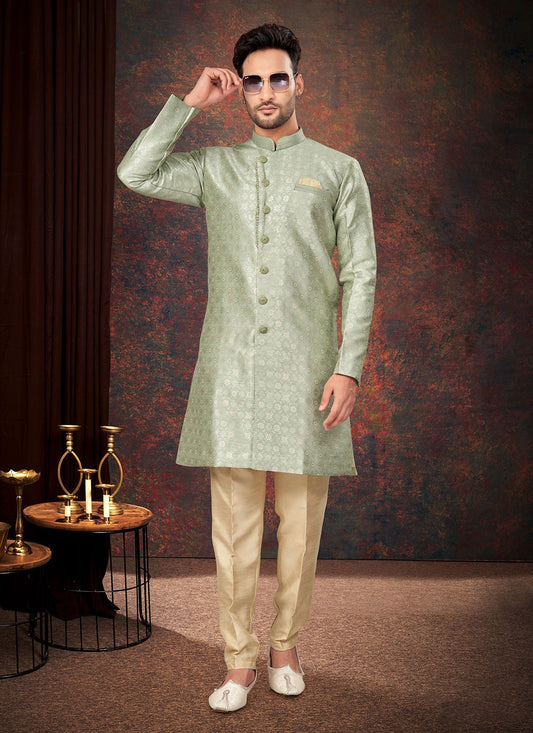 Fancy Work Jacquard Green Indo Western - M7199