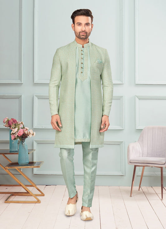 Fancy Work Jacquard Green Indo Western - M7278