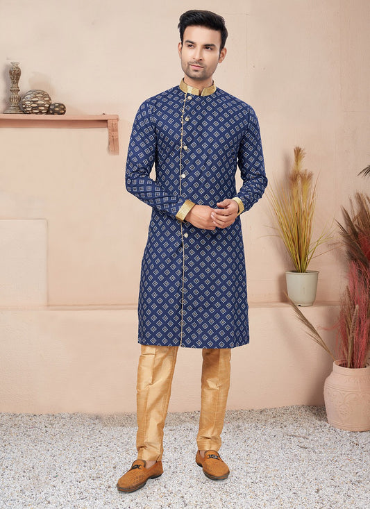 Lace Cotton Navy Blue Indo Western - M6207
