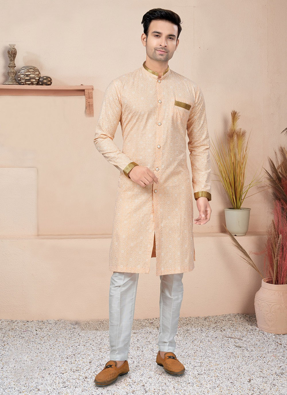 Lace Cotton Peach Indo Western - M6221