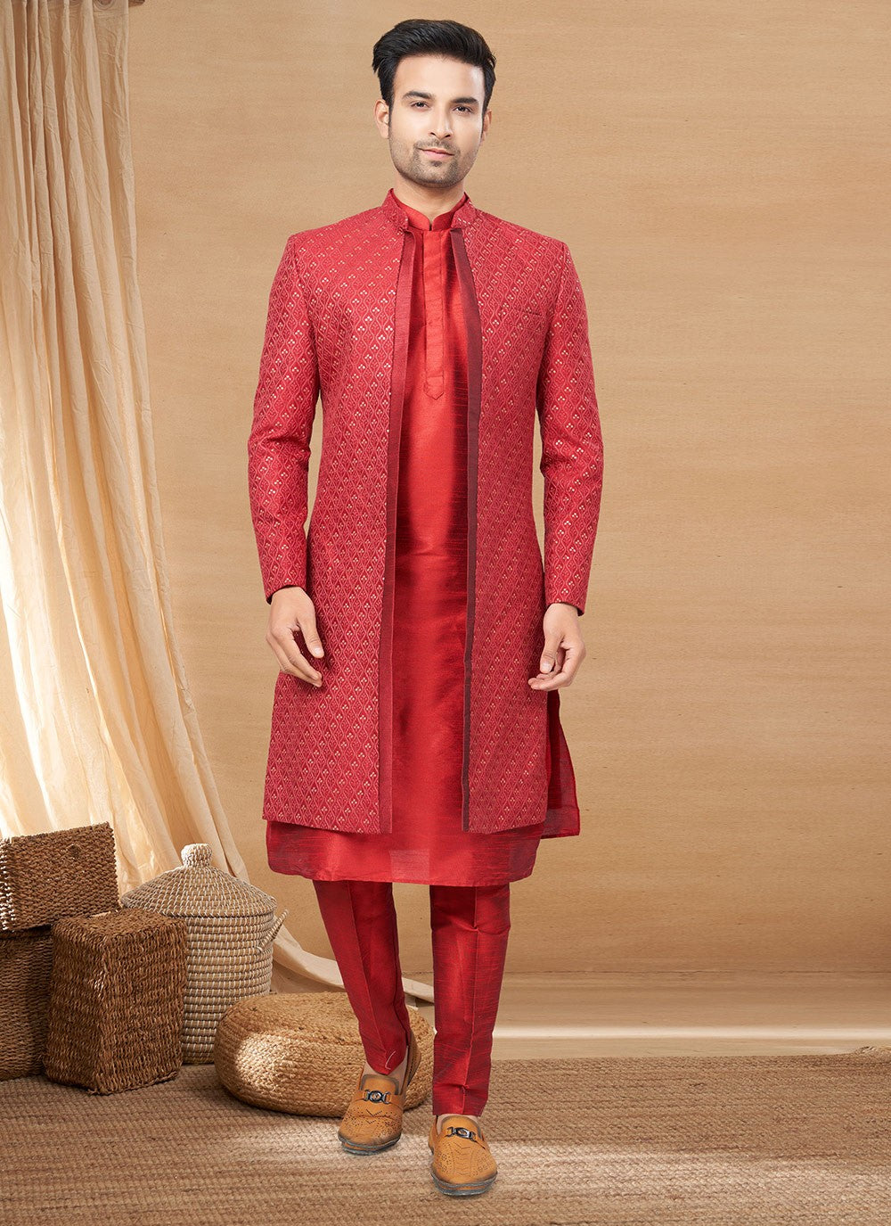 Fancy Work Art Silk Maroon Indo Western - M6226