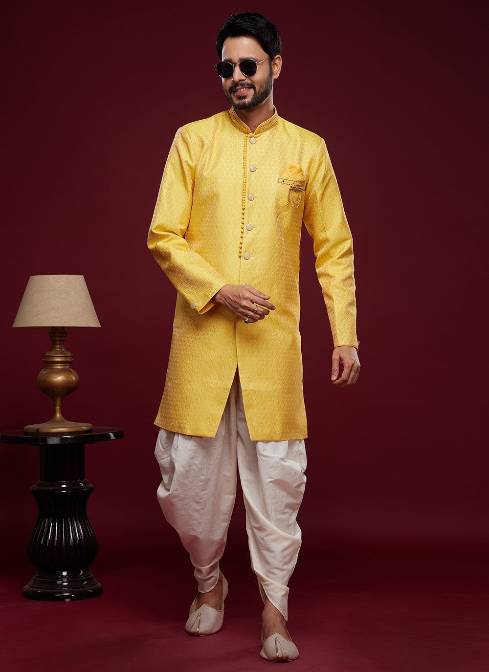 Embroidered Banarasi Jacquard Mustard Indo Western Sherwani - M5787