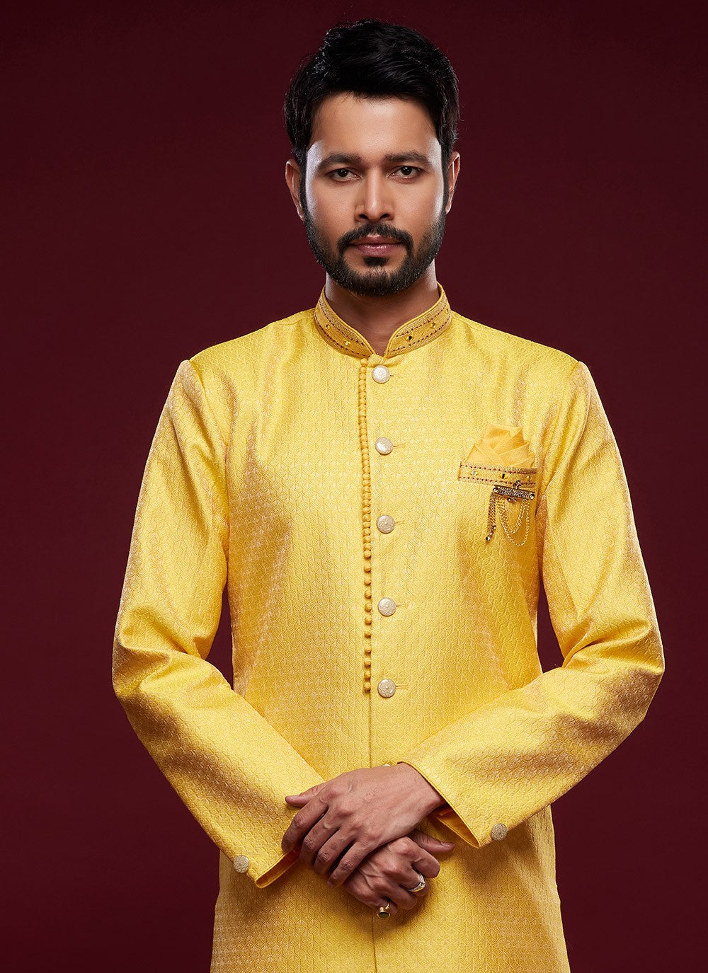 Embroidered Banarasi Jacquard Mustard Indo Western Sherwani - M5787