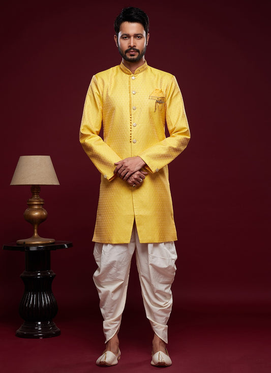 Embroidered Banarasi Jacquard Mustard Indo Western Sherwani - M5787