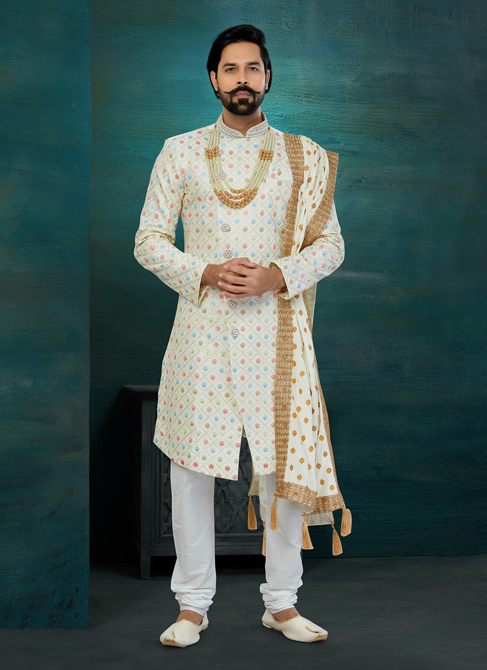 Chikankari Work Lucknowi Cream, Multi Colour Indo Western Sherwani - M5815