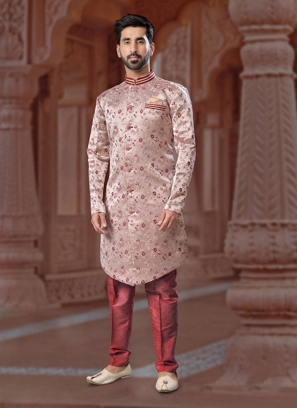 Fancy Work Banarasi Jacquard Mauve Indo Western Sherwani - M7149