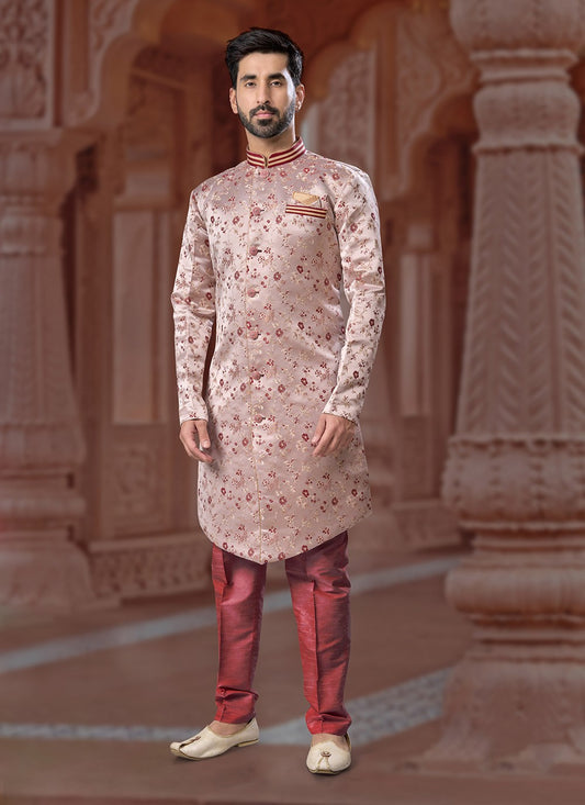 Fancy Work Banarasi Jacquard Mauve Indo Western Sherwani - M7149