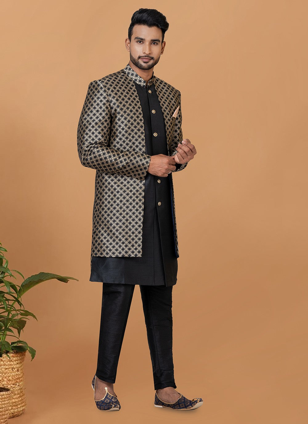 Fancy Work Dupion Silk, Jacquard Silk Black Indo Western Sherwani - M5994