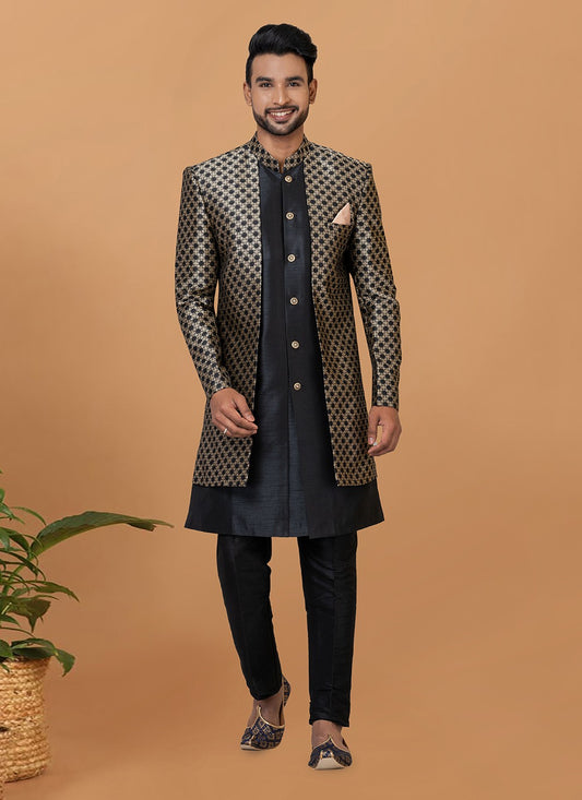 Fancy Work Dupion Silk, Jacquard Silk Black Indo Western Sherwani - M5994