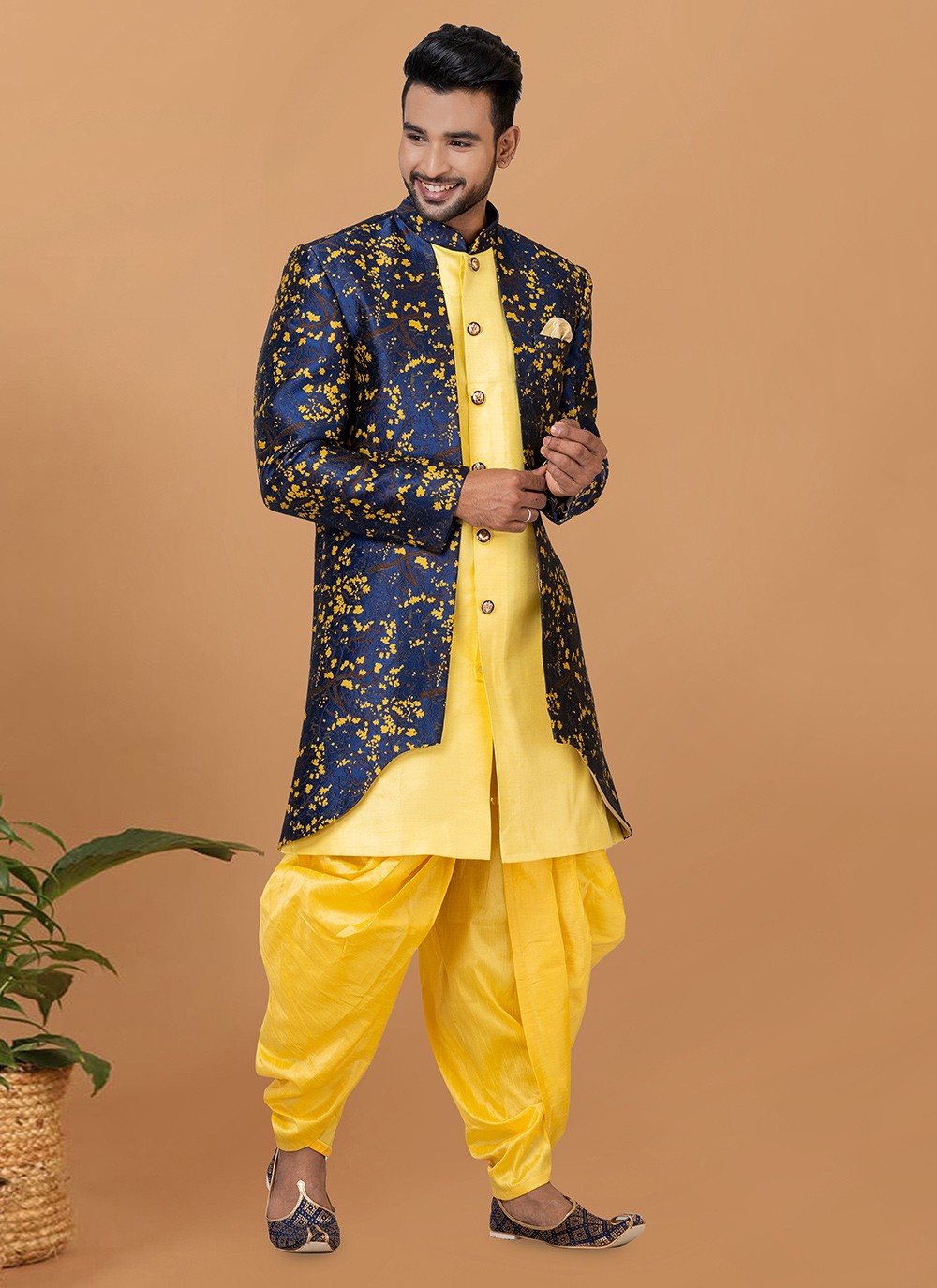Fancy Work Dupion Silk, Jacquard Silk Blue, Yellow Indo Western Sherwani - M6000