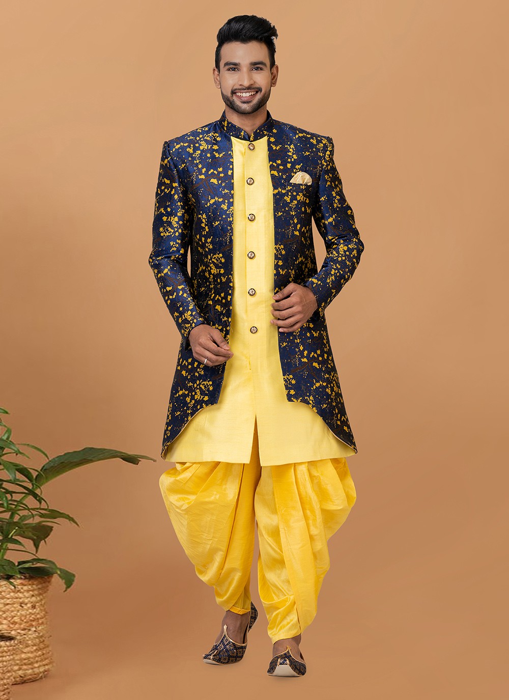 Fancy Work Dupion Silk, Jacquard Silk Blue, Yellow Indo Western Sherwani - M6000