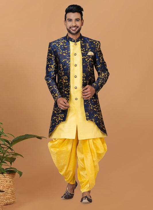 Fancy Work Dupion Silk, Jacquard Silk Blue, Yellow Indo Western Sherwani - M6000